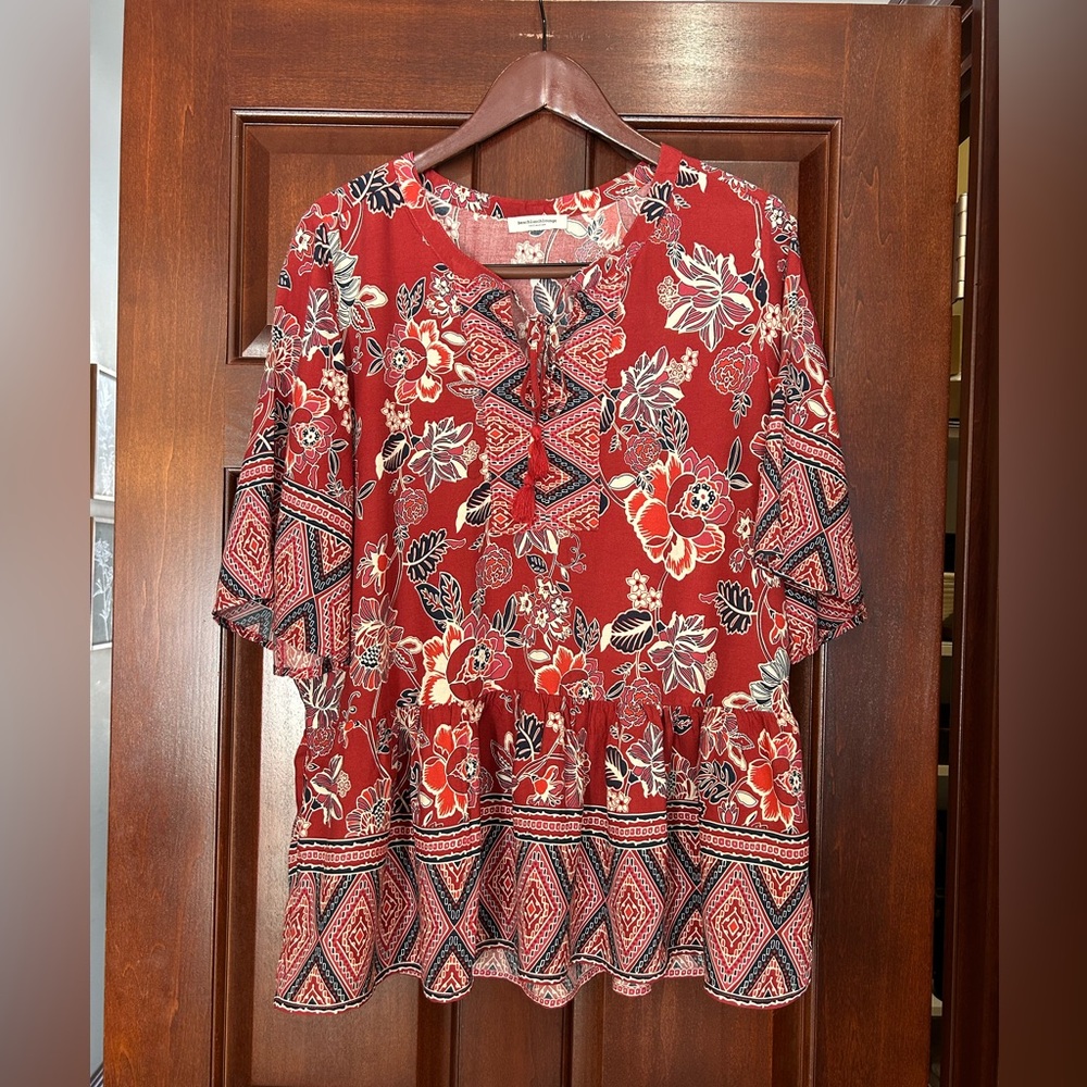 Beach Lunch Lounge Boho Red Floral Peasant Top | Tassel Tie size L??